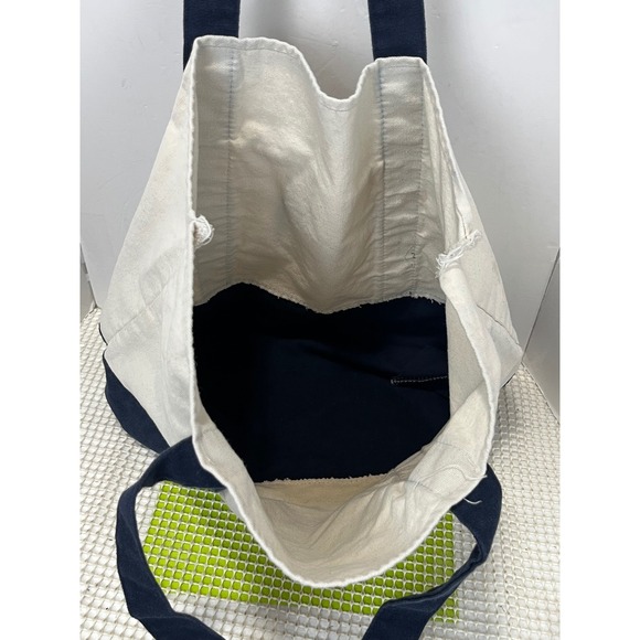 Trader Joe's Canvas Tote Bag Navy Blue Cream Embroidered Logo Reusable - Picture 4 of 9